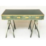 CAMPAIGN DESK, campaign style green lacquered and brass bound with three frieze drawer and folding