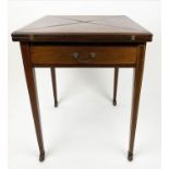 EDWARDIAN ENVELOPE CARD TABLE, mahogany square form with green baize interior, sunken counter