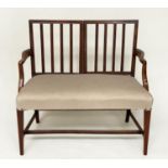 HALL BENCH, George III design mahogany with reeded slat back and brass studded linen upholstered