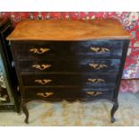 CHEST, 89cm W x 47cm D x 92cm H, ebonised with walnut top and four drawers with gilt handles.