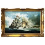 JOHN BASSAGE, 'Sea battle', oil on canvas, 59cm x 90cm, framed.