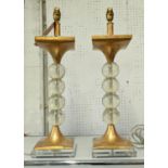 TABLE LAMPS, a pair, of ball form with gilt leaf detail and perspex base, 63cm H. (2)