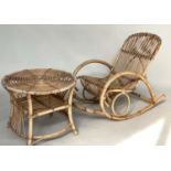 TERRACE ARMCHAIR AND TABLE, 1950's rattan, bamboo and cane bound rocking armchair 59cm W and