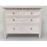 CHEST, French grey painted with pierced frieze above two short and two long drawers, 92cm x 85cm H x