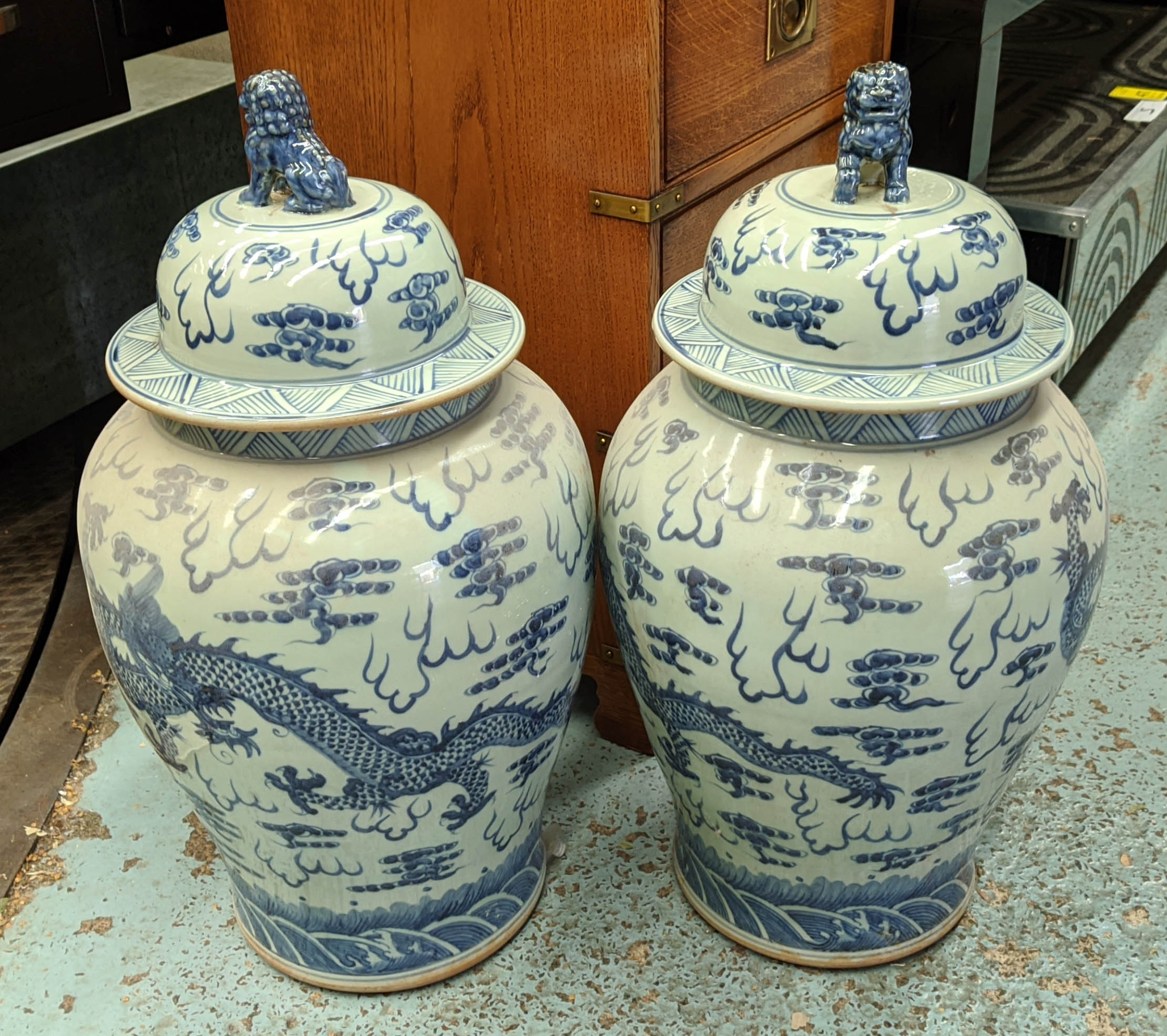 TEMPLE JARS, a pair, Chinese export style, blue and white ceramic. (2)