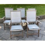 FOLDING GARDEN TABLE AND CHAIRS, a suite weathered teak with circular slatted table together with