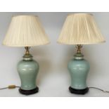 TABLE LAMPS, a pair Chinese celadon ceramic ginger jar form, with silk pleated shades, 68cm H. (2)