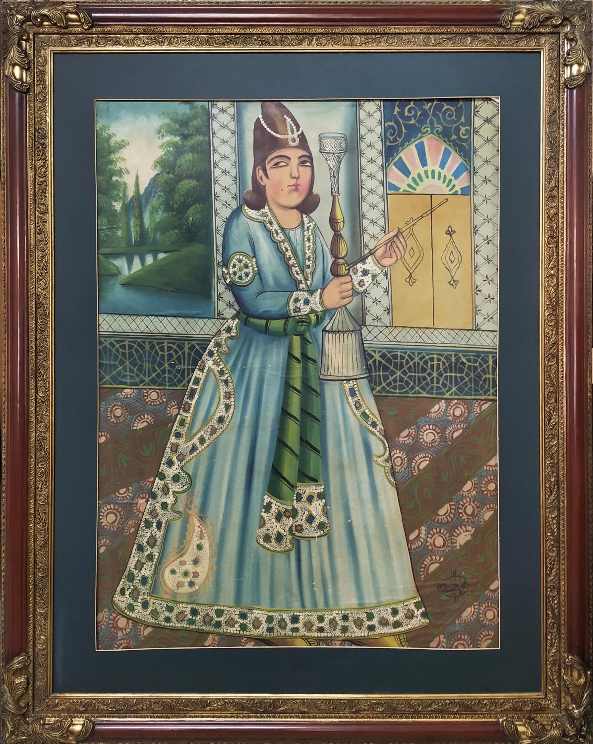 QAJAR SCHOOL, 'Portrait of a Figure', water colour, 103cm x 74cm, framed.