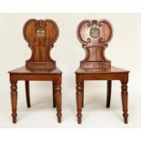 HALL CHAIRS, a pair, mid 19th century mahogany with incised C scroll back with inset painted and