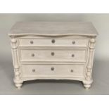 COMMODE, 19th century French traditionally grey painted with three long drawers and columns, 105cm W