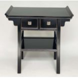 CONSOLE TABLE, Chinese black lacquered and silvered metal mounted with two drawers and undertier,