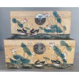 TRUNKS, two graduated, Chinese hand painted vellum style and silvered metal mounted each with