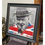 CONTEMPORARY SCHOOL, portrait of Churchill, photo print, with relief detail, framed 86cm x 86cm.
