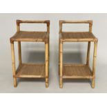 LAMP TABLES, a pair, bamboo and cane bound with two wicker panelled shelves and upstand, 35cm x 32cm