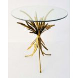 MAISON JANSEN STYLE TABLE, 67cm H x 47cm diam., glass top, gilt metal wheat sheaf base.