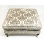 DURESTA FOOTSTOOL, damask upholstered raised on square supports and castors, 45cm H x 93cm x 93cm.