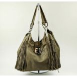 CELINE DIMITRI BAG, grey leather, front flap with pushlock closure and fringes, two top handles, gun