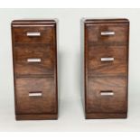 ART DECO BEDSIDE CHESTS, a pair, figured walnut each with three drawers and bale chromium handles,