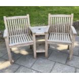 GARDEN CONVERSATION SEATS, silvery weathered teak slatted armchairs with conjoined table, 156cm x