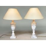 TABLE LAMPS, a pair, veined marble of baluster form with shades, 54cm H. (2)