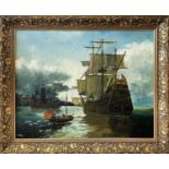 JOHN BASSAGE, 'In the harbour', oil on canvas, 70cm x 90cm, framed.