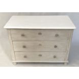 COMMODE, 19th century French traditionally grey painted with three long drawers and white moulded