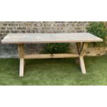 GARDEN TABLE, rectangular weathered teak and slatted with substantial X frame support, 86cm x