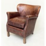 LITTLE PROFESSOR ARMCHAIR, Halo tan leather and brass bound with rounded back and arms, 67cm W.