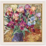 NADEZHDA STUPINA (born in 1967), 'Irises', oil on canvas, 89cm x 88cm.