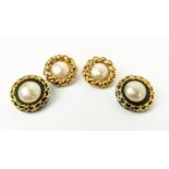 CHANEL EARRINGS, a pair, large simulated pearls surrounded by gilt metal surrounds, black leather