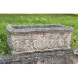 GARDEN PLANTER, rectangular well weathered reconstituted stone with 'dancing figures' decoration,