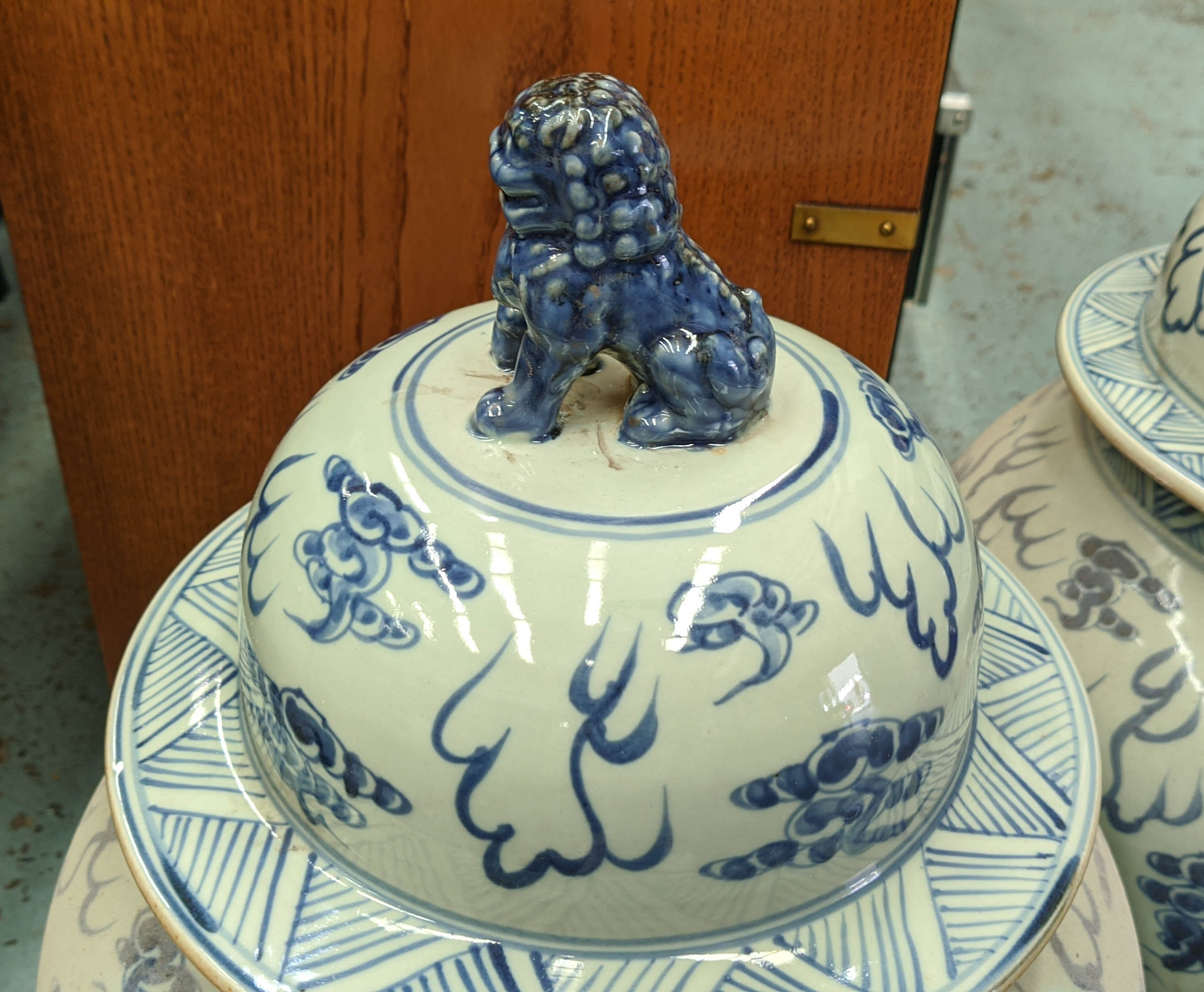 TEMPLE JARS, a pair, Chinese export style, blue and white ceramic. (2) - Image 3 of 4