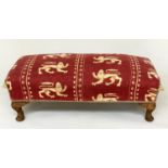 HEARTH STOOL, early 20th century rectangular with heraldic lion motif fabric upholstery, 96cm x 43cm