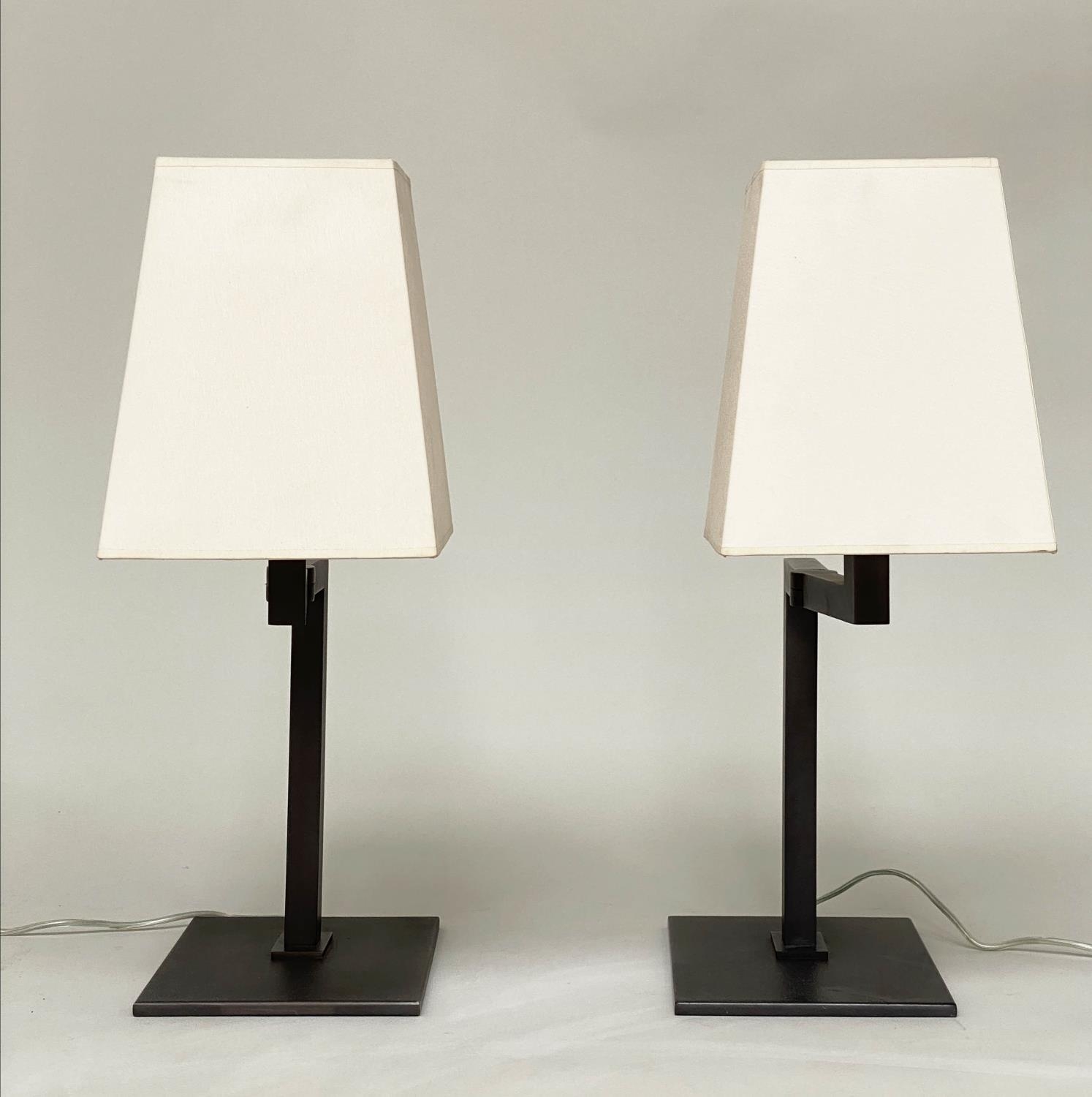 SIFRA TABLE LAMPS, a pair, bronzed swing supports and platform with shades, 60cm H. (2) - Image 6 of 7