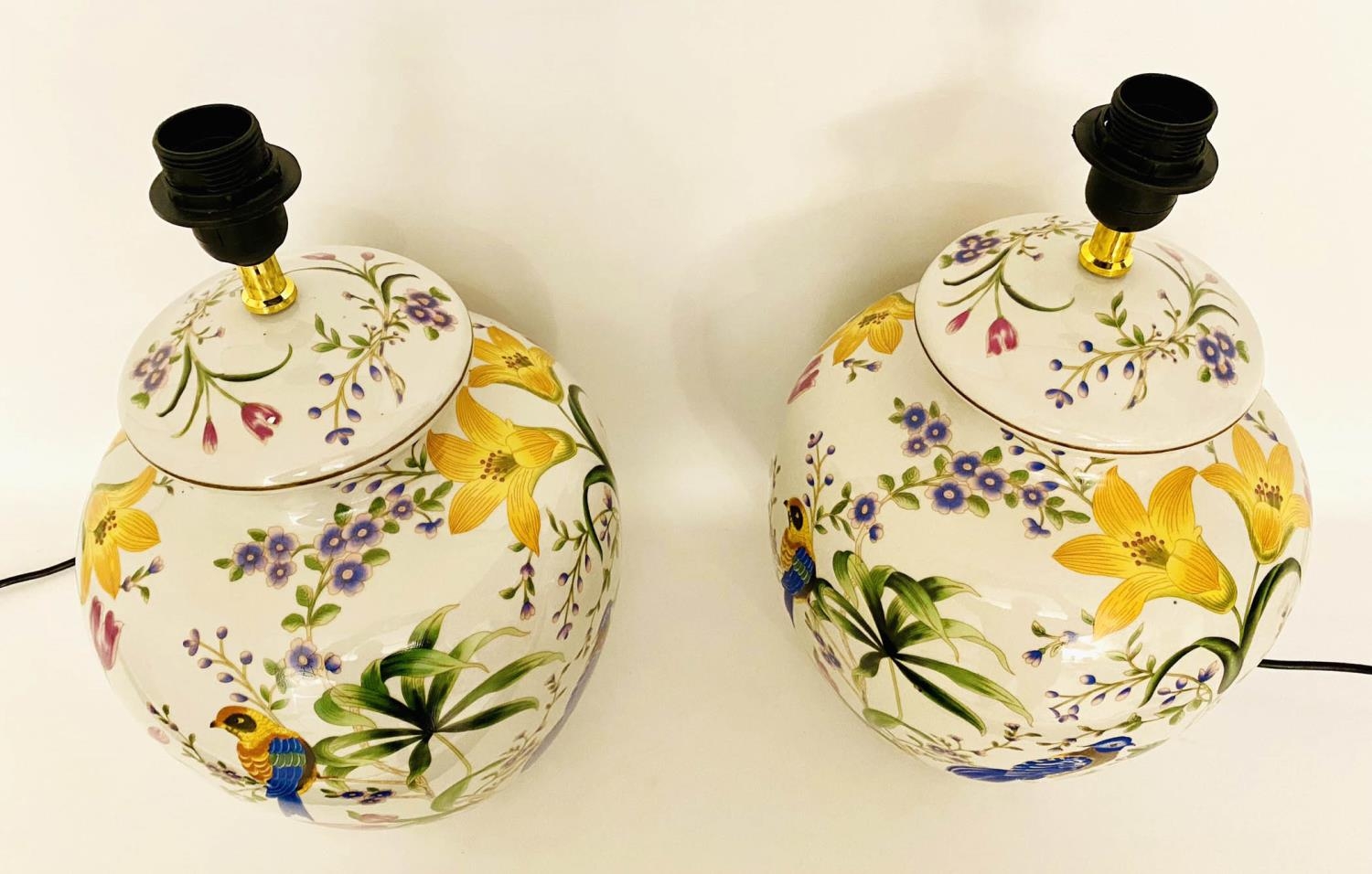 TABLE LAMPS, a pair, 46cm high, 27cm diameter, glazed ceramic with floral design with birds. (2) - Image 2 of 4