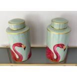 GINGER JARS, pair, 40cm high, 20cm diameter, glazed ceramic with flamingo design. (2)