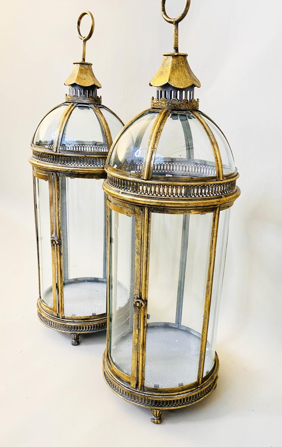 STORM LANTERNS, pair, 80cm H x 28cm diam. in the Regency style, gilt metal frames, glazed sides - Image 4 of 5