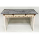 CONSOLE TABLE, Regency style grey painted and parcel gilt with lion mask frieze, 129cm x 56cm x 76cm