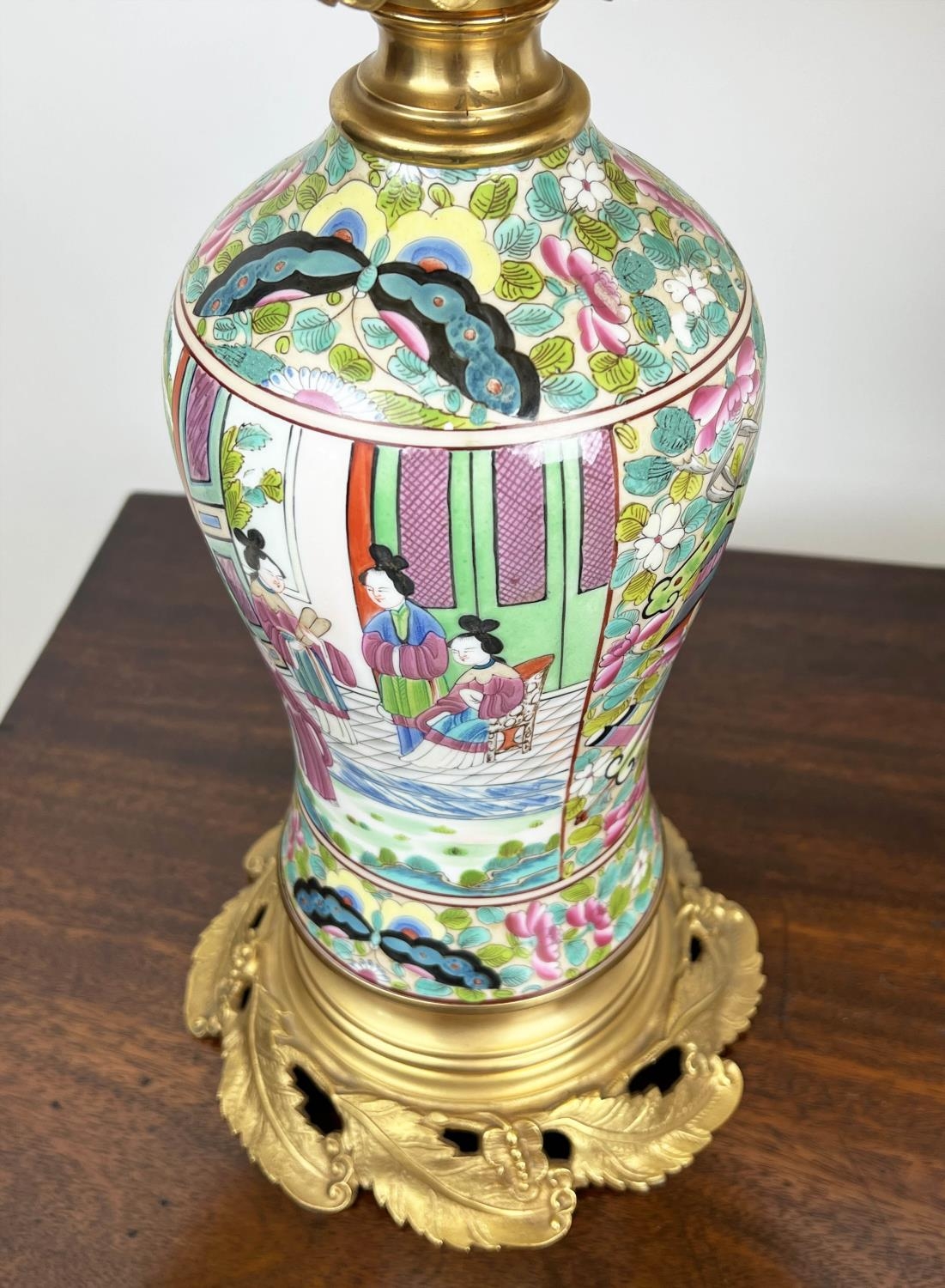 TABLE LAMPS, a pair, Cantonese hand-painted porcelain baluster form with fine ormolu mounts and silk - Image 4 of 7