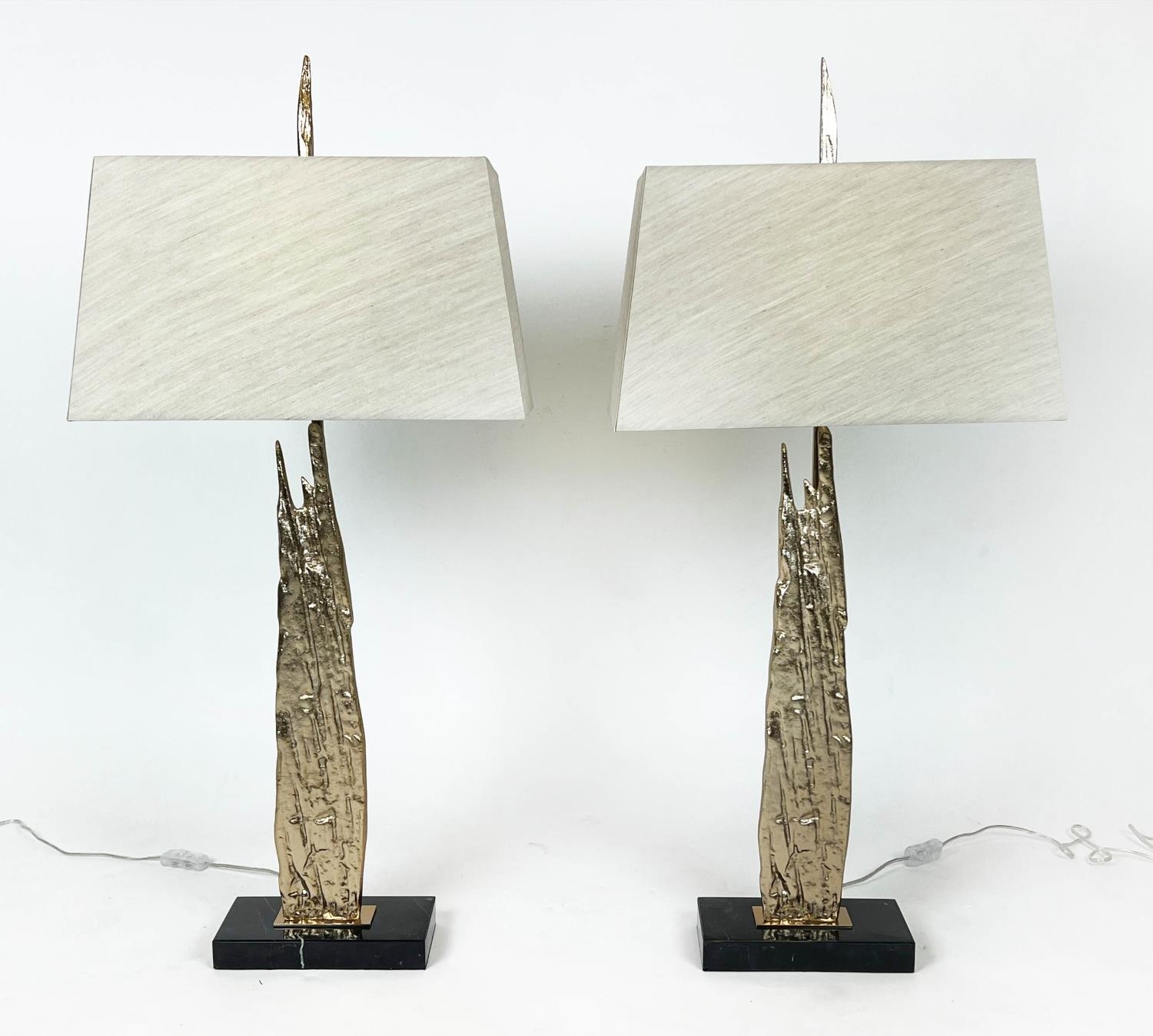 TABLE LAMPS, a pair, gilt metal stalagmite form with square marble bases and shades, 101cm H. (2) - Image 5 of 5