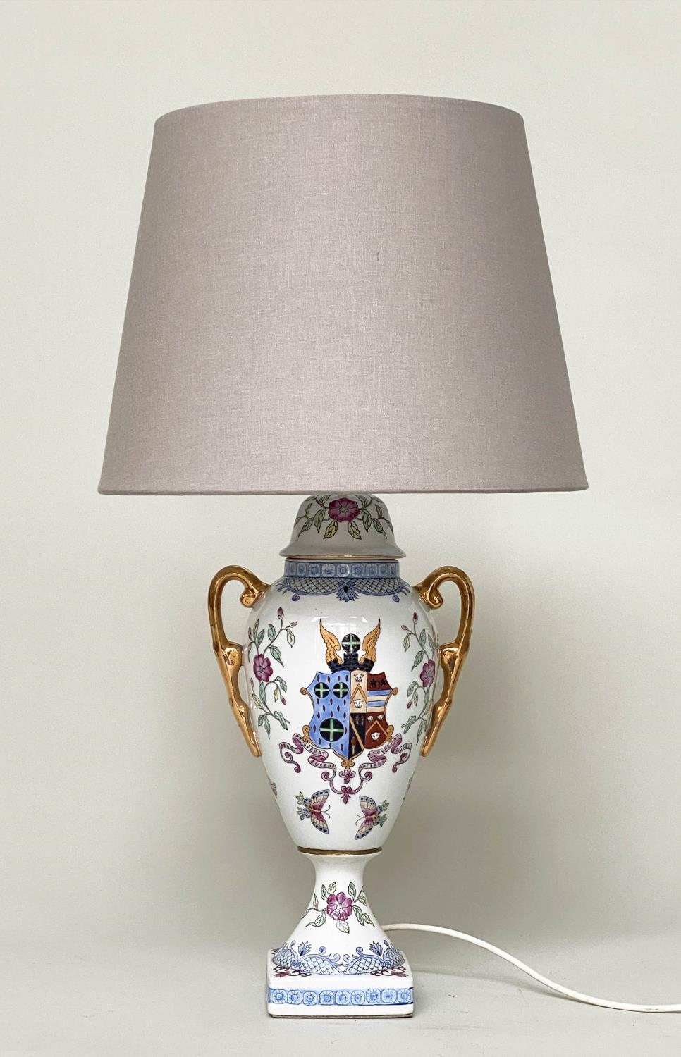 TABLE LAMPS, a pair, urn shaped glazed ceramic each with armorial crest and twin gilded handles with - Image 6 of 8