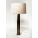 COLUMN LAMP, tall sepia smoked glass tapering with chromium base and silk drum shade by '
