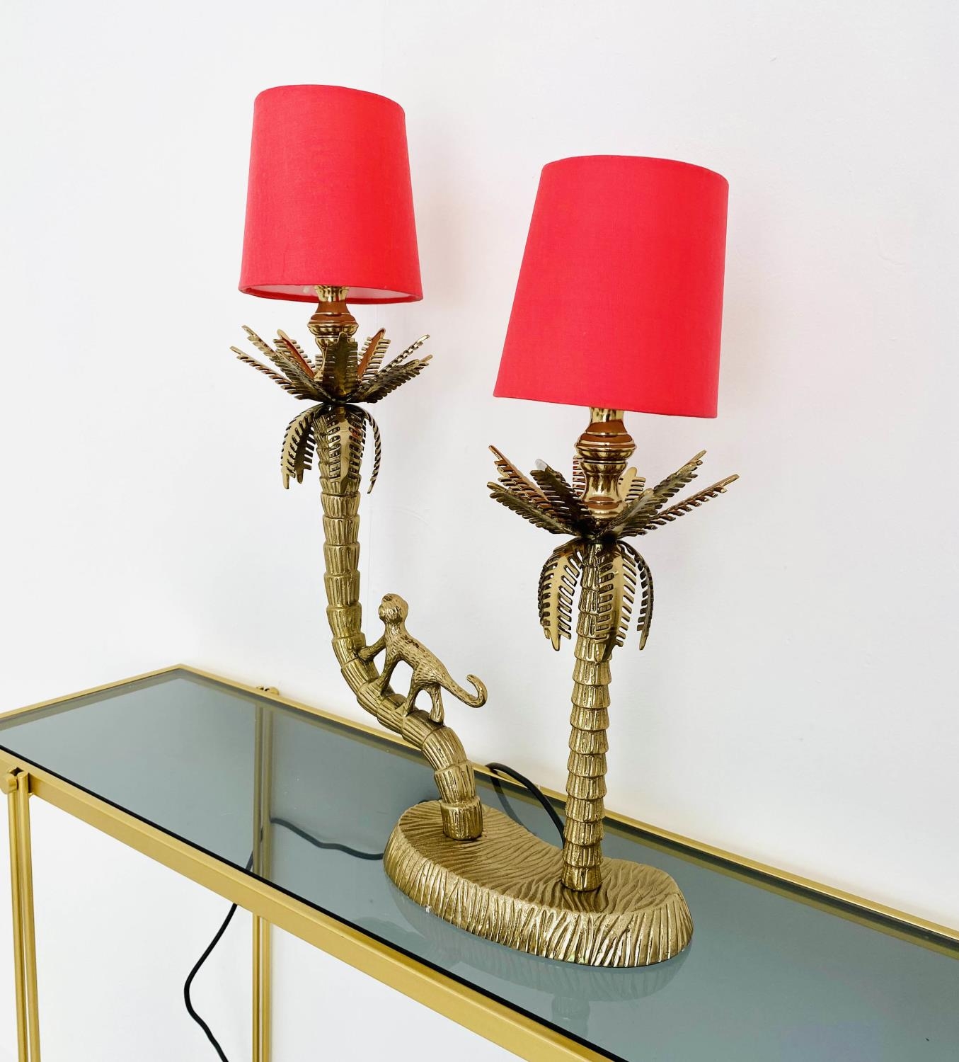 TABLE LAMP, two branch, gilt metal, in the form of a monkey climbing trees, with shades, 50cm x 32cm - Image 3 of 3