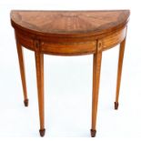 CARD TABLE, Edwardian Sheraton Revival satinwood and marquetry inlaid, demi lune foldover, baize