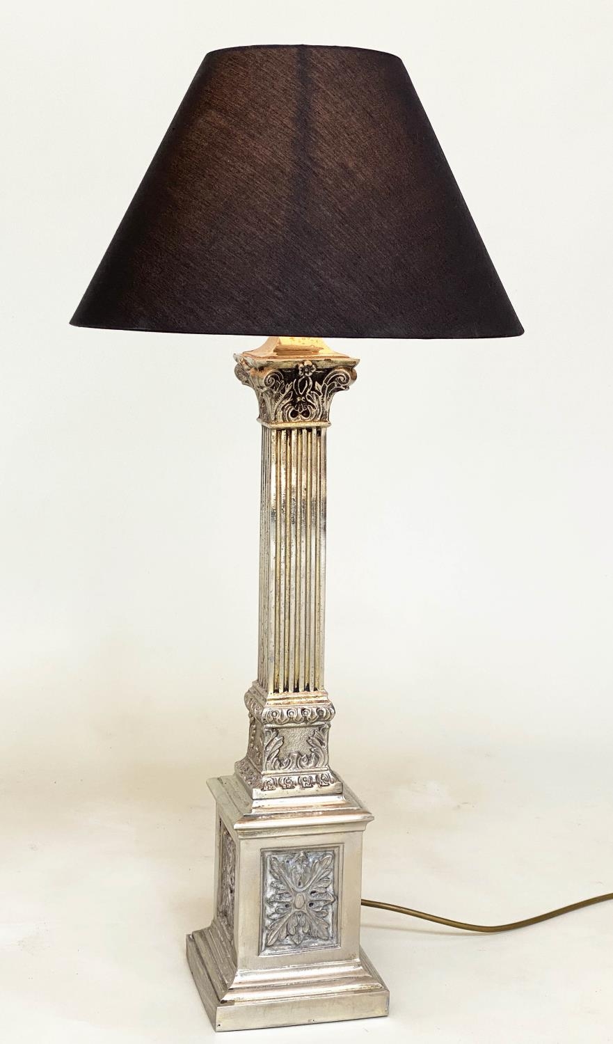 TABLE LAMPS, a pair, silvered metal with fluted square section columns and Corinthian capping, - Image 5 of 7