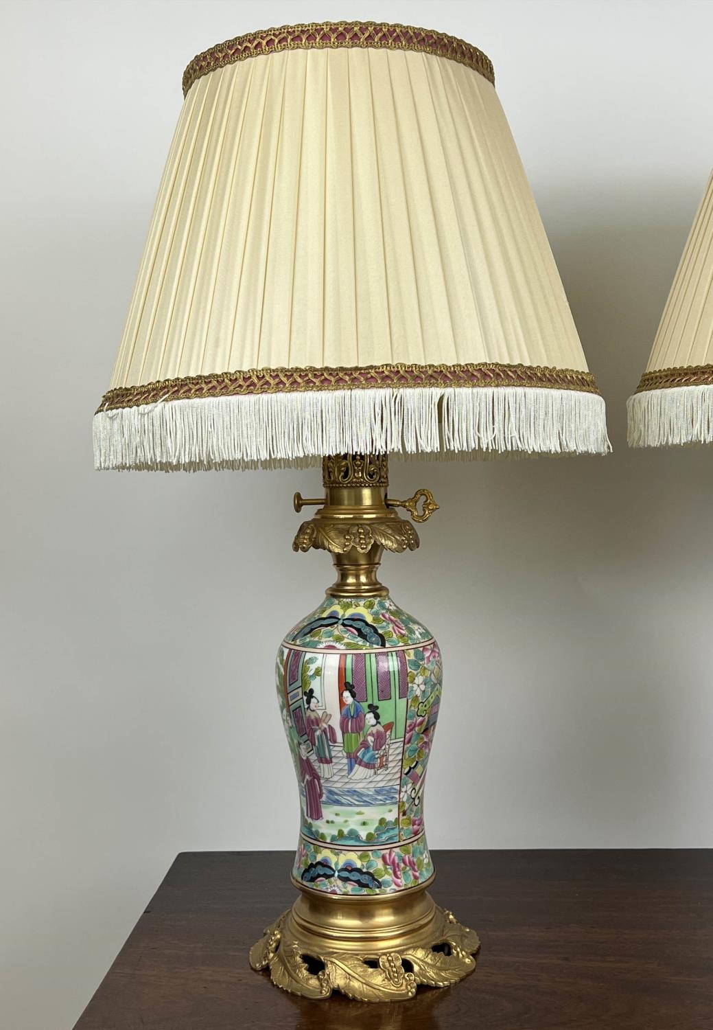 TABLE LAMPS, a pair, Cantonese hand-painted porcelain baluster form with fine ormolu mounts and silk - Image 7 of 7