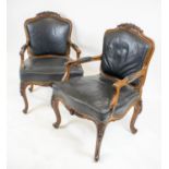 FAUTEUILS, 100cm H x 65cm W, a pair, Louis XV style rosewood in black leather. (2)