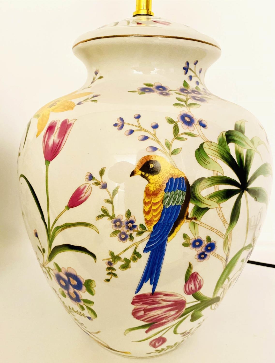 TABLE LAMPS, a pair, 46cm high, 27cm diameter, glazed ceramic with floral design with birds. (2) - Image 3 of 4