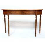 HALL TABLE, George III design burr walnut and crossbanded with rounded ends, two frieze drawers