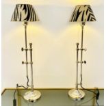LIBRARY TABLE LAMPS, a pair, height adjustable, faux zebra hide shades, 68cm x 20cm x 20cm.